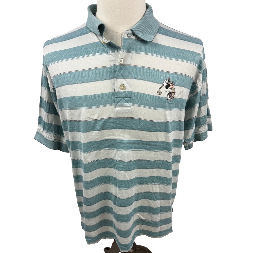 Greg Norman Mens Embroidered Mickey Mouse Golf Polo Shirt Striped Cotton Medium
